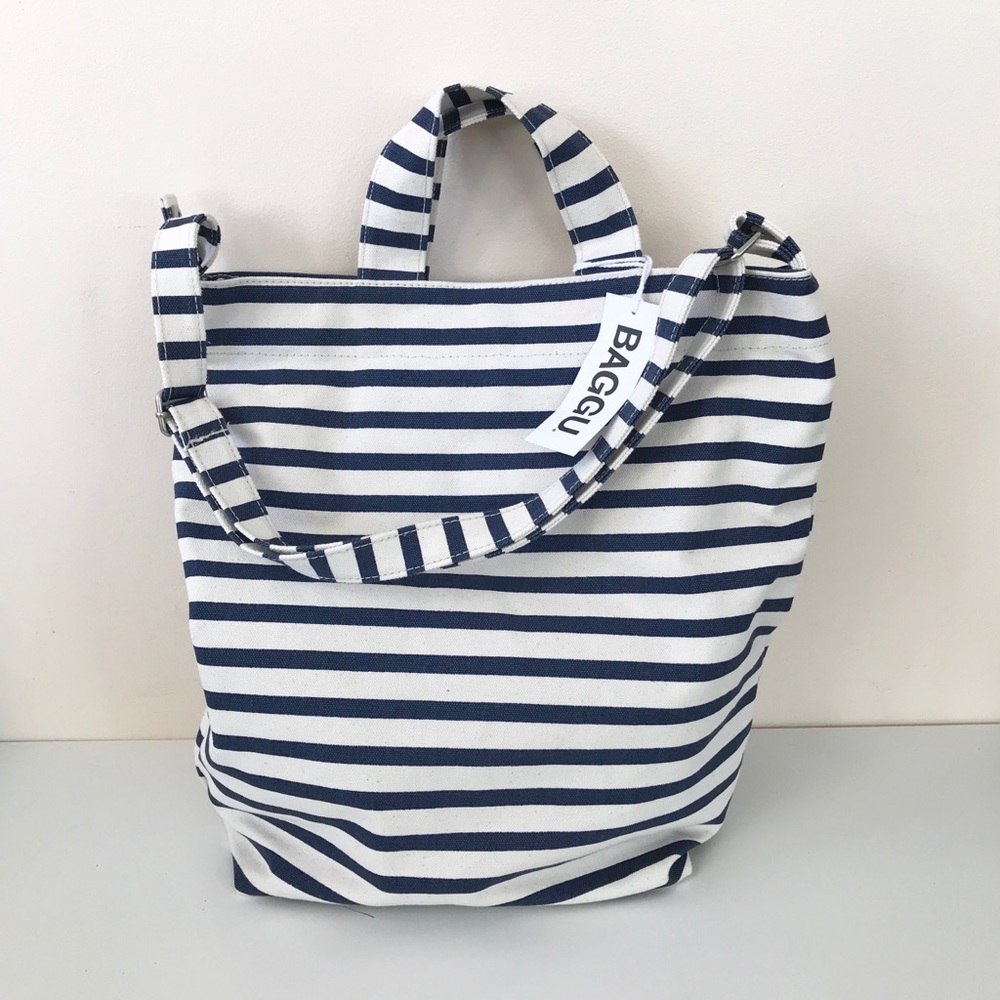 BAGGU Navy Sailor Stripe Canvas Duck Bag